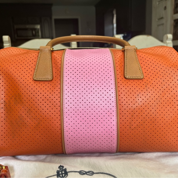 PRADA Boston Papaya Caramel Pink Saffiano Fori Perforated Satchel - Picture 12 of 13